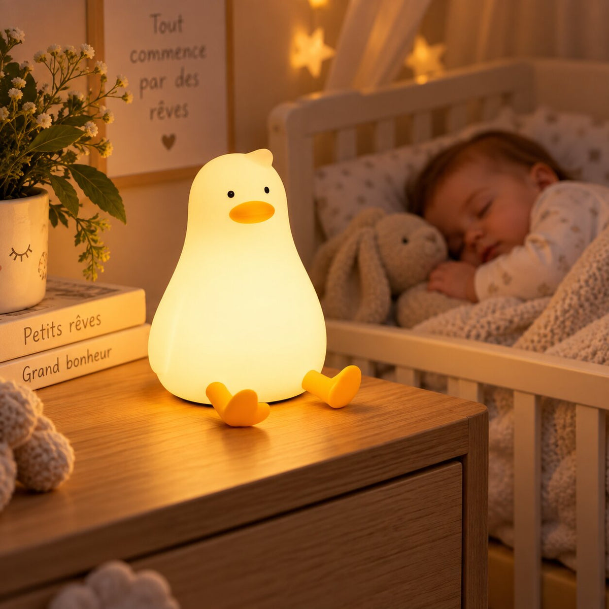 Veilleuse bébé canard LED dans une chambre d’enfant à la lumière douce Choupinoo