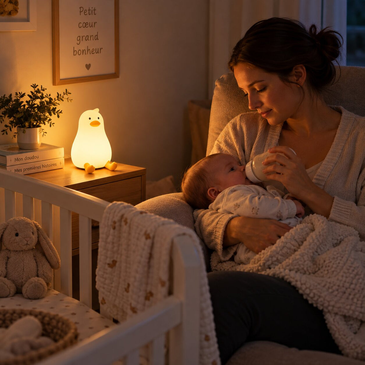 Veilleuse bébé canard LED éclairant doucement le biberon de nuit avec maman Choupinoo