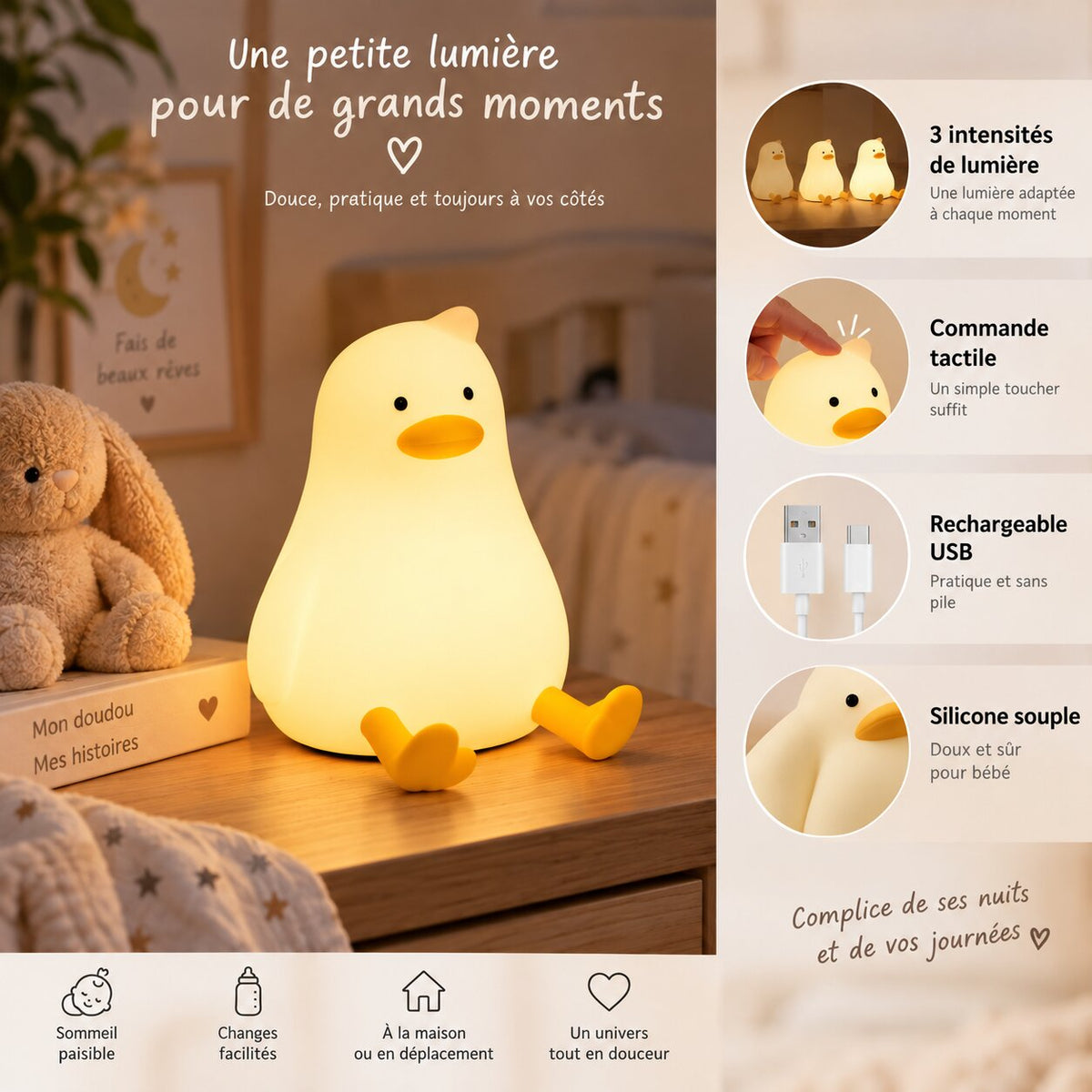 Veilleuse bébé canard tactile rechargeable USB avec 3 niveaux de luminosité Choupinoo