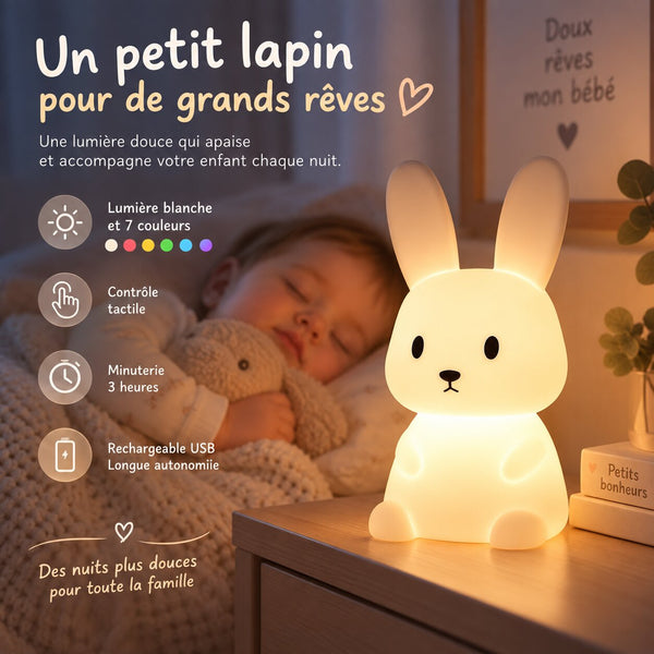Veilleuse bébé lapin LED tactile rechargeable avec lumière blanche, 7 couleurs et minuterie Choupinoo