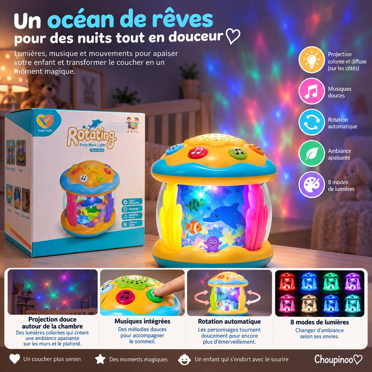 Veilleuse bébé musicale rotative avec décor marin et différents modes de lumières Choupinoo