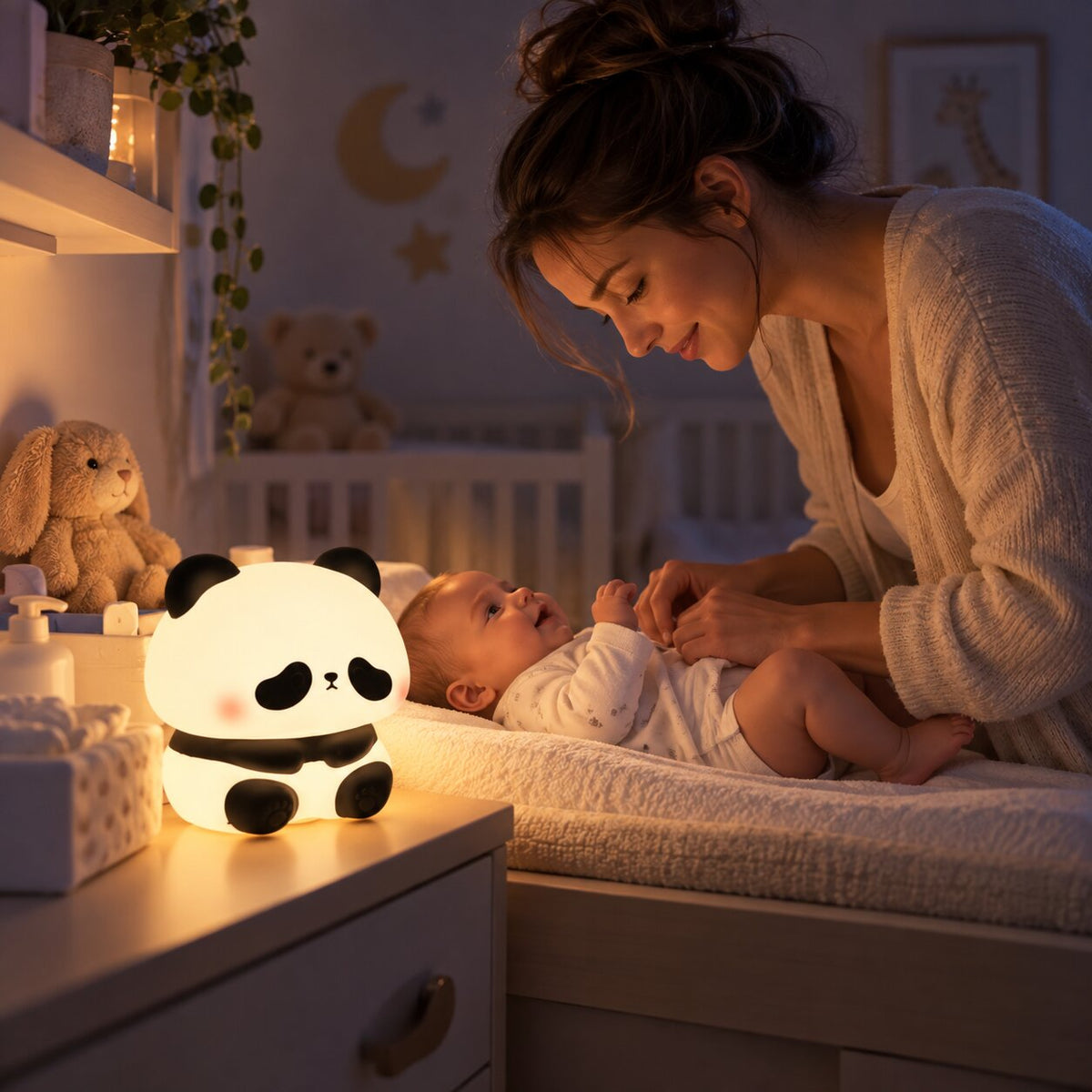 Veilleuse bébé rechargeable Panda utilisée par une maman pour le change nocturne de bébé Choupinoo
