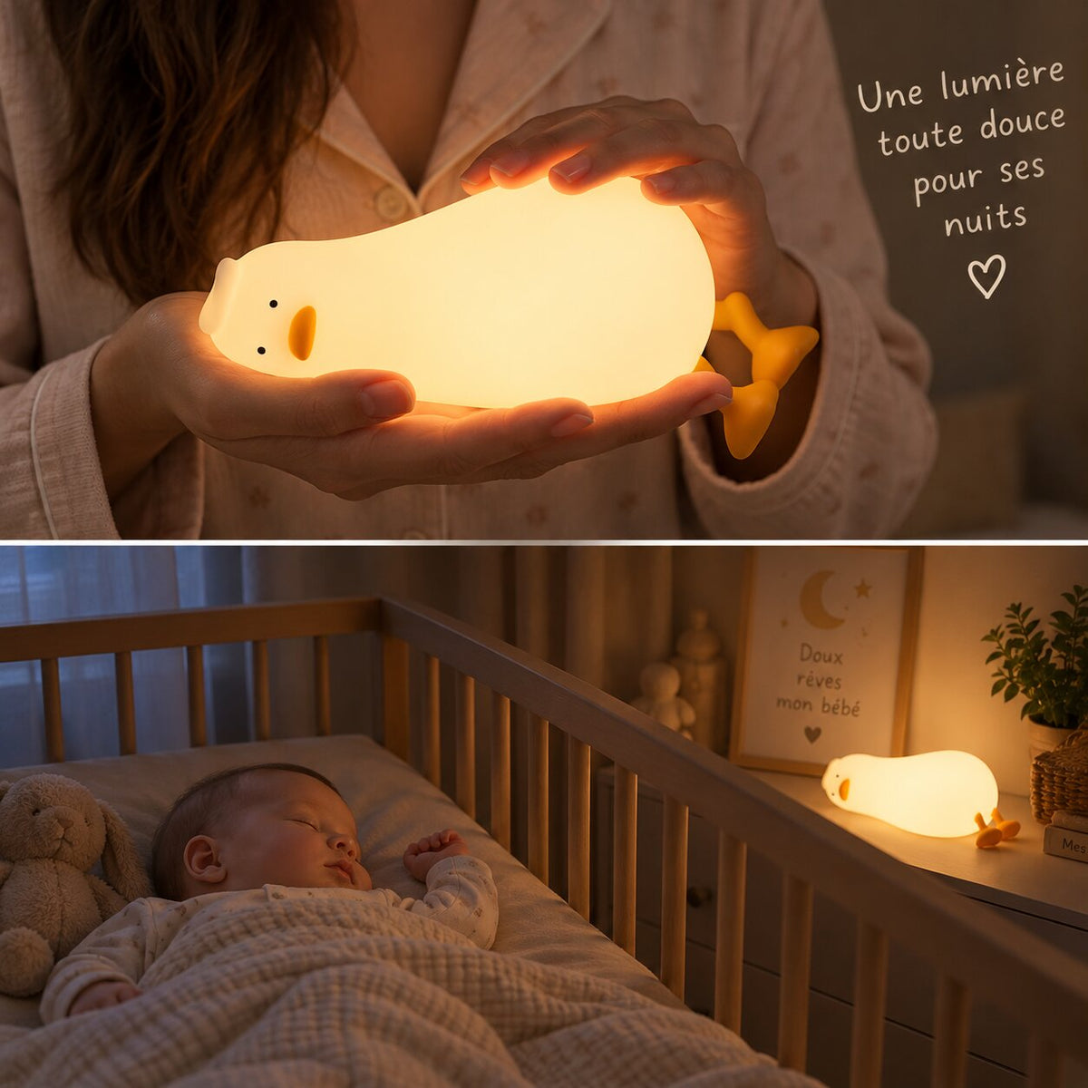 Veilleuse bébé tactile rechargeable en forme de canard utilisée près du lit de bébé Choupinoo