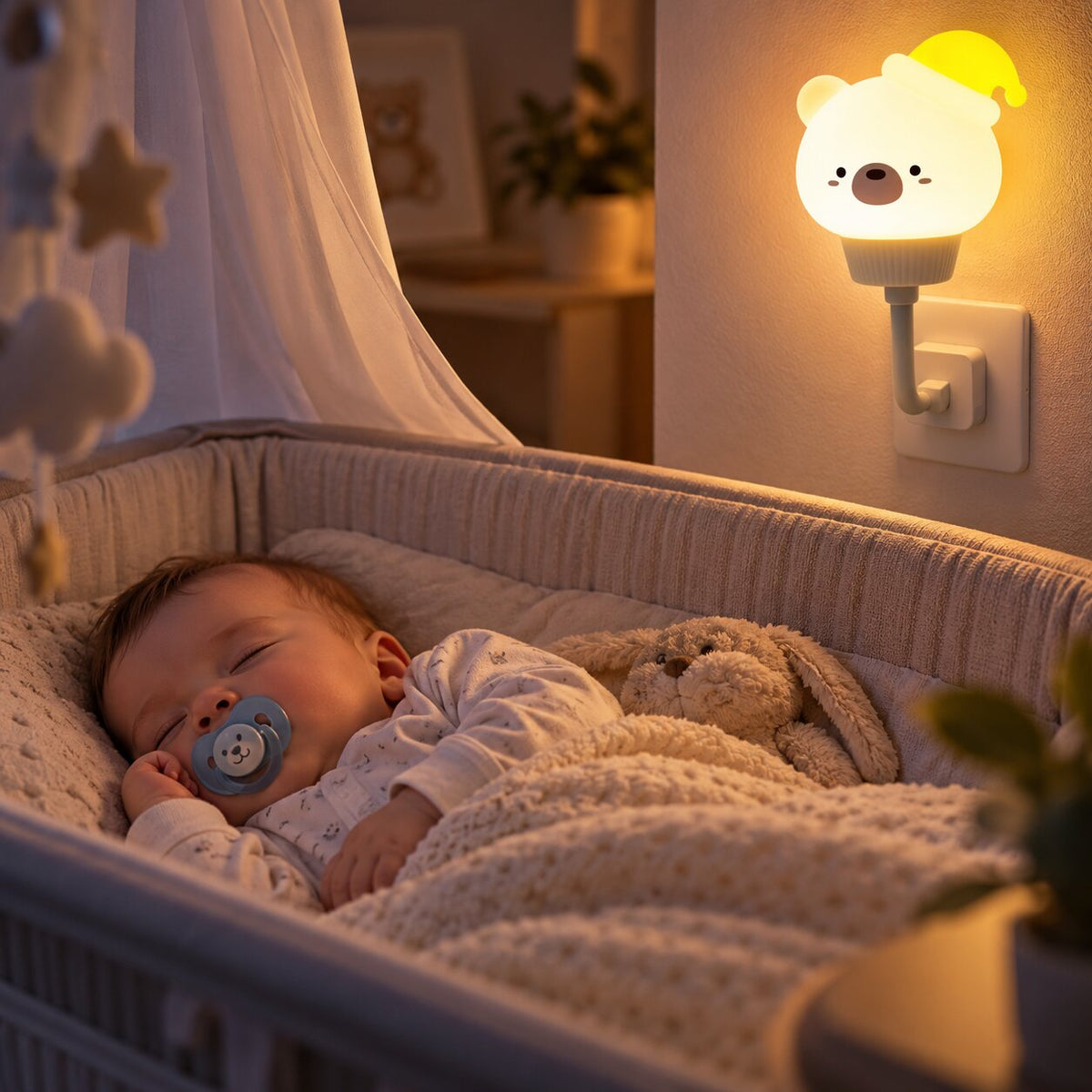 Veilleuse chambre bébé LED diffusant une lumière douce près du couchage Choupinoo