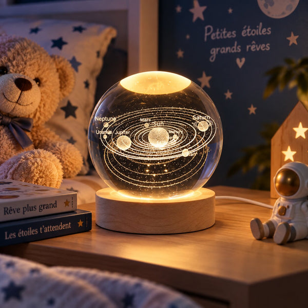 Veilleuse Galaxie boule de cristal avec système solaire gravé et base LED en bois dans une chambre enfant Choupinoo