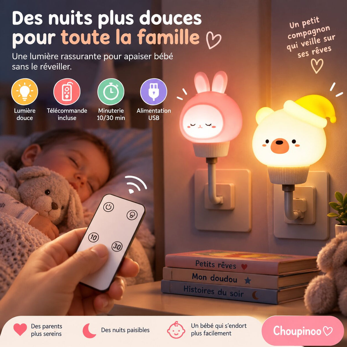 Veilleuse LED bébé avec télécommande et minuterie dans une chambre d’enfant Choupinoo