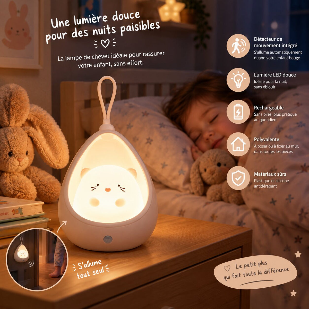Veilleuse LED avec détecteur de mouvement près du lit d’un enfant endormi Choupinoo