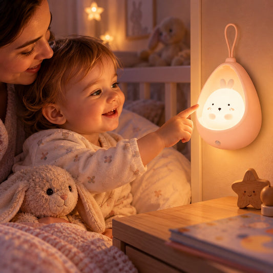 Enfant découvrant avec sa maman une veilleuse lapin LED rechargeable dans sa chambre Choupinoo