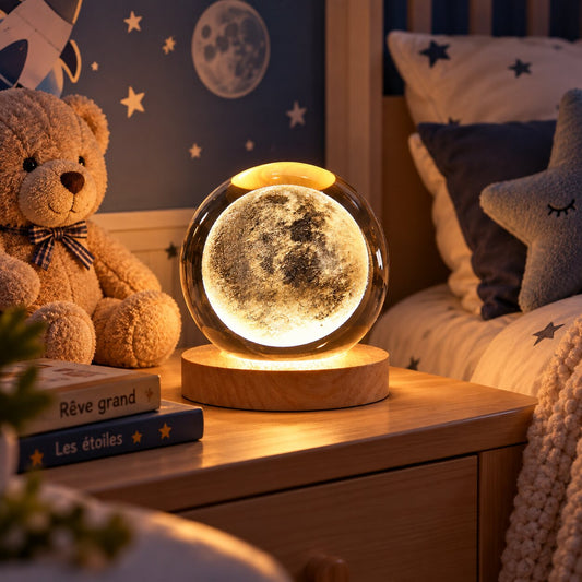 Veilleuse lune boule de cristal lumineuse sur base en bois dans une chambre enfant étoilée Choupinoo