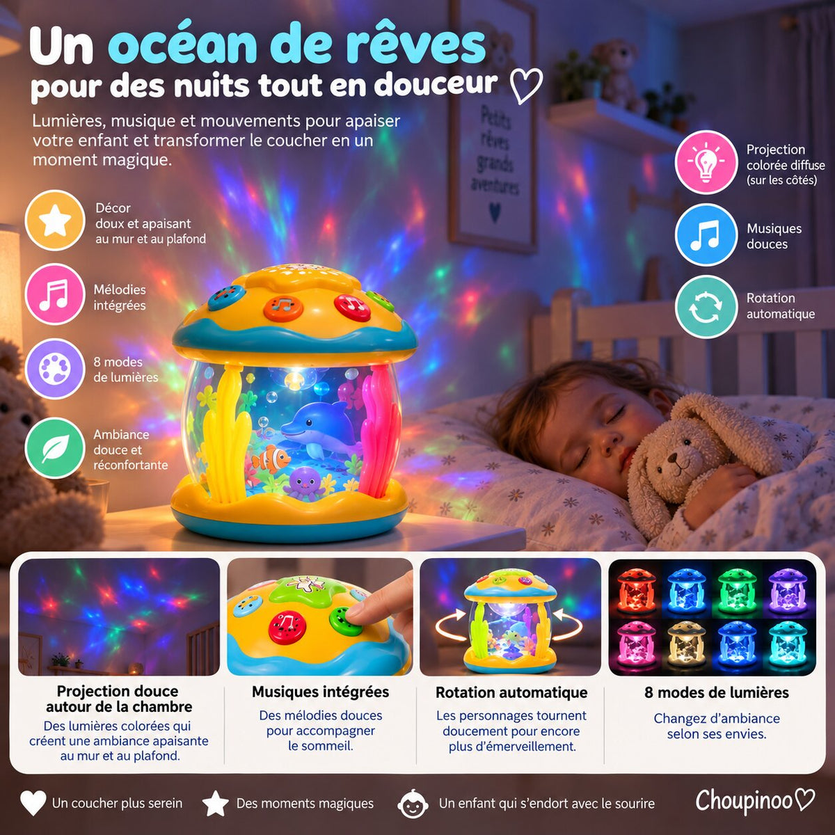 Veilleuse musicale bébé avec univers marin rotatif et lumières colorées dans une chambre enfant Choupinoo
