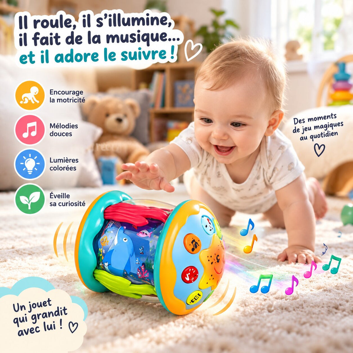 Bébé jouant avec une veilleuse musicale bébé rotative aux lumières colorées Choupinoo