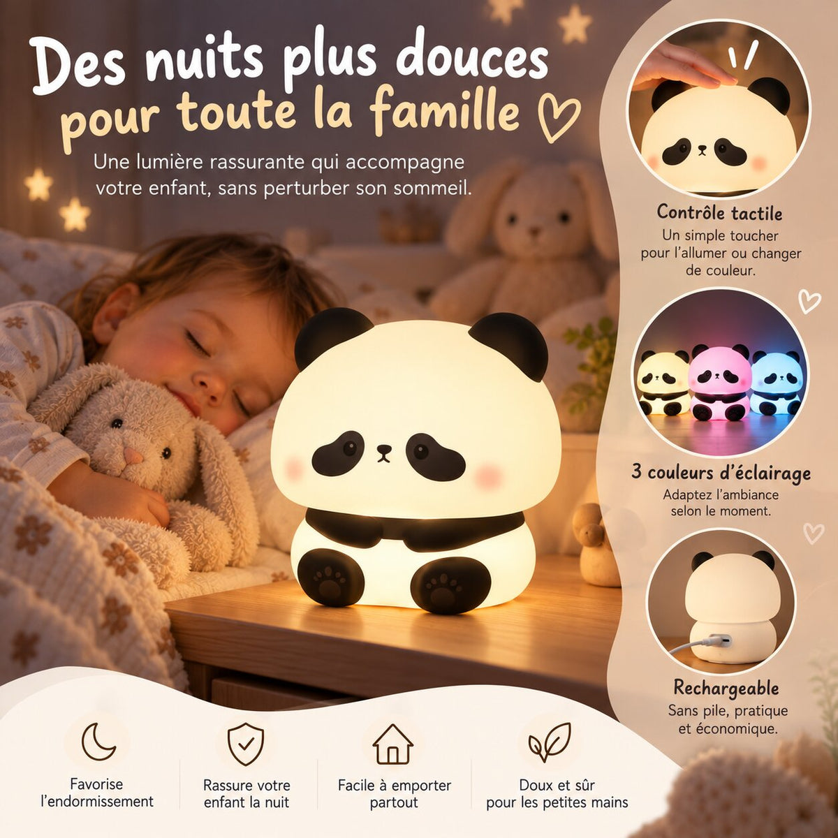 Veilleuse Panda tactile rechargeable avec 3 couleurs d’éclairage pour chambre d’enfant Choupinoo