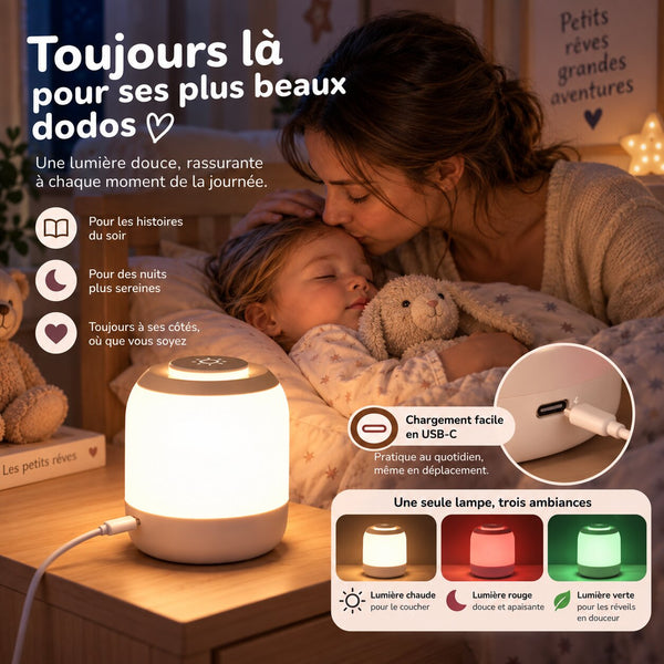 Enfant partageant le moment du coucher avec sa maman près d’une veilleuse rechargeable Choupinoo