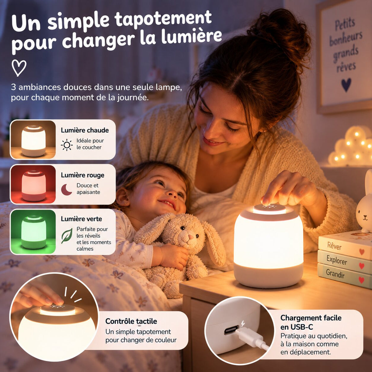 Maman tapotant la veilleuse tactile pour changer la lumière près de son enfant Choupinoo