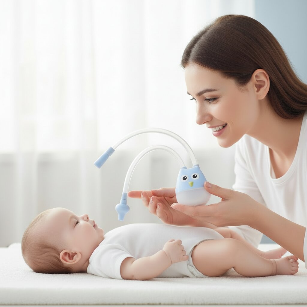 Maman utilisant un aspirateur nasal bébé en forme de hibou bleu pastel pour déboucher le nez de son nourrisson