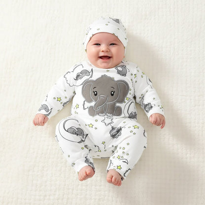 Bébé souriant en barboteuse éléphant brodé chapeau assorti ensemble 2 pièces Choupinoo