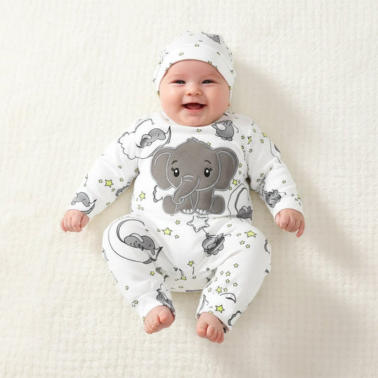 Bébé souriant en barboteuse éléphant brodé chapeau assorti ensemble 2 pièces Choupinoo