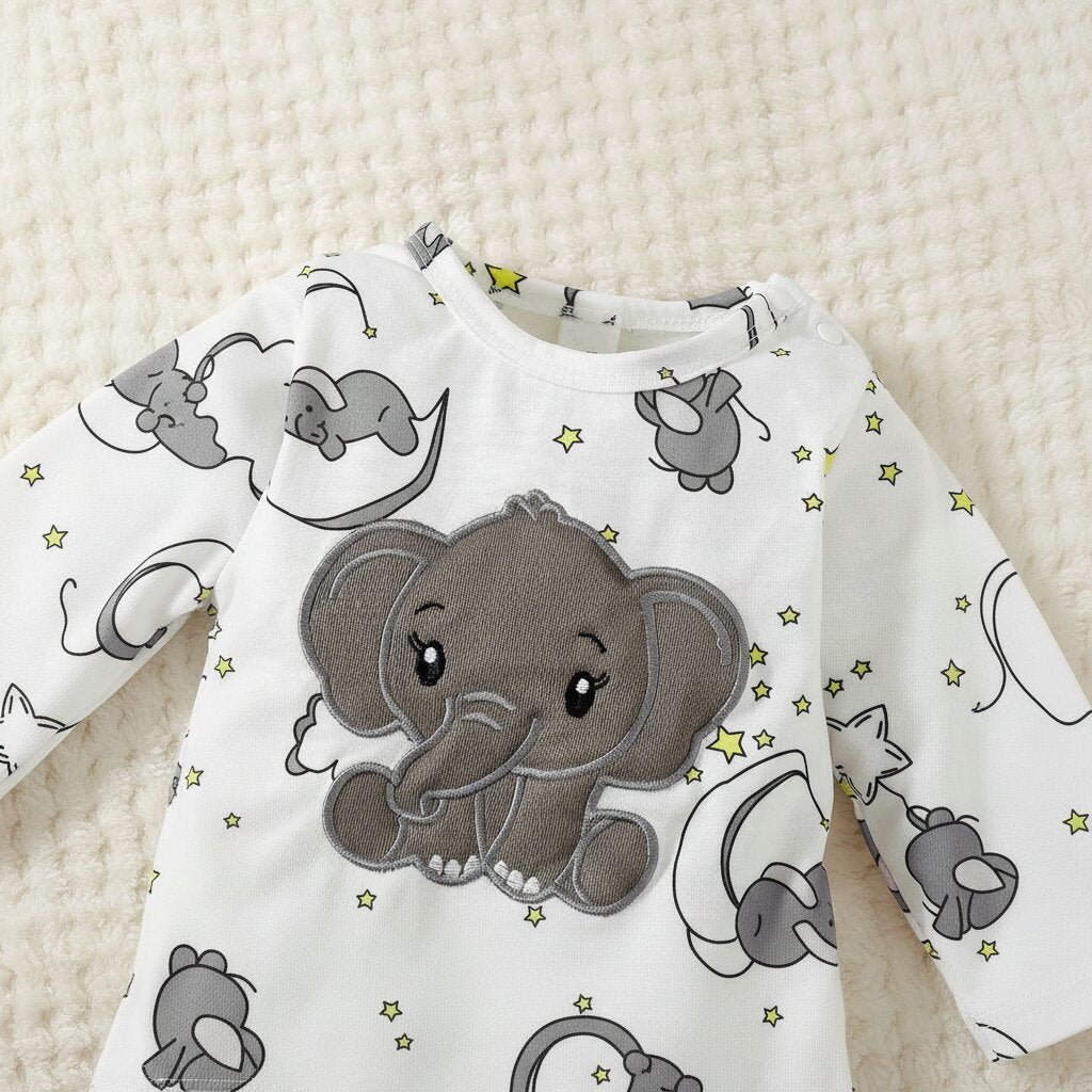 Barboteuse bébé éléphant col rond manches longues imprimé étoiles Choupinoo