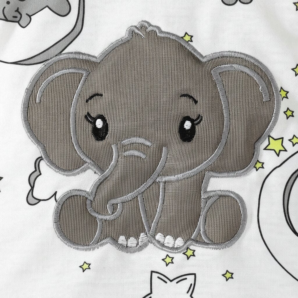 Détail broderie éléphant sur barboteuse bébé motif étoiles Choupinoo