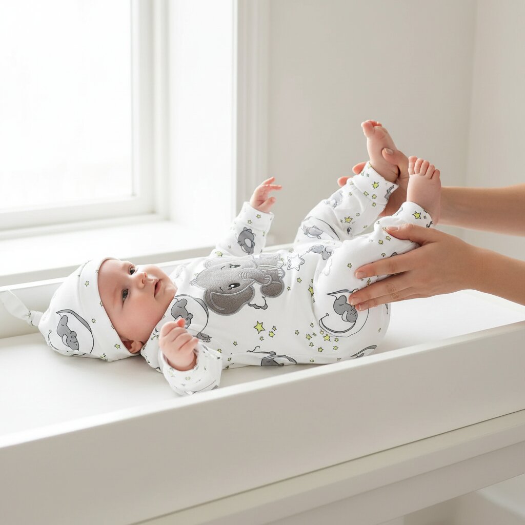 Bébé en barboteuse éléphant étoiles sur table à langer maman tient les pieds Choupinoo