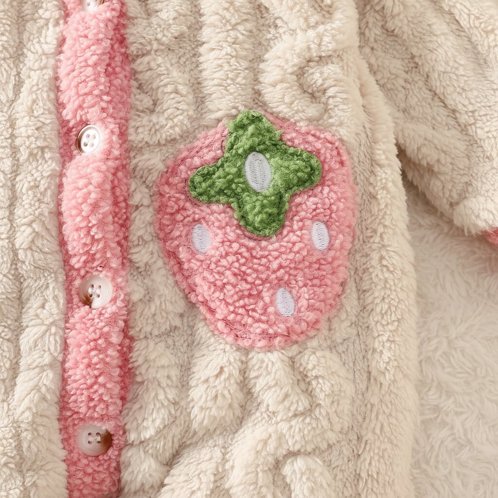 Détail poche fraise rose avec feuilles vertes et points blancs sur barboteuse polaire crème bébé fille - Choupinoo