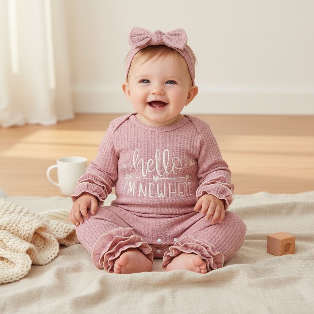 Bébé fille souriante en barboteuse waffle knit rose assise sur lin naturel – tenue chaude et douce pour sortie maternité et crèche | Choupinoo