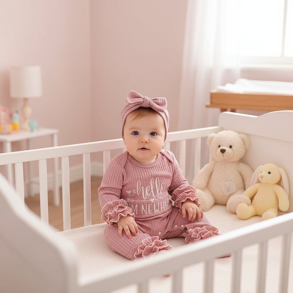 Bébé fille en barboteuse waffle knit rose dans sa chambre cosy – tenue chaude et douce pour les premiers jours à la maison | Choupinoo
