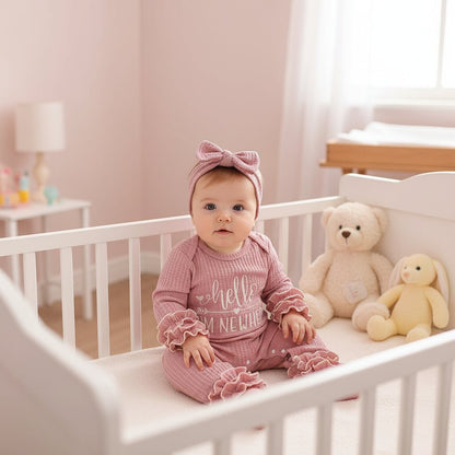 Bébé fille en barboteuse waffle knit rose dans sa chambre cosy – tenue chaude et douce pour les premiers jours à la maison | Choupinoo