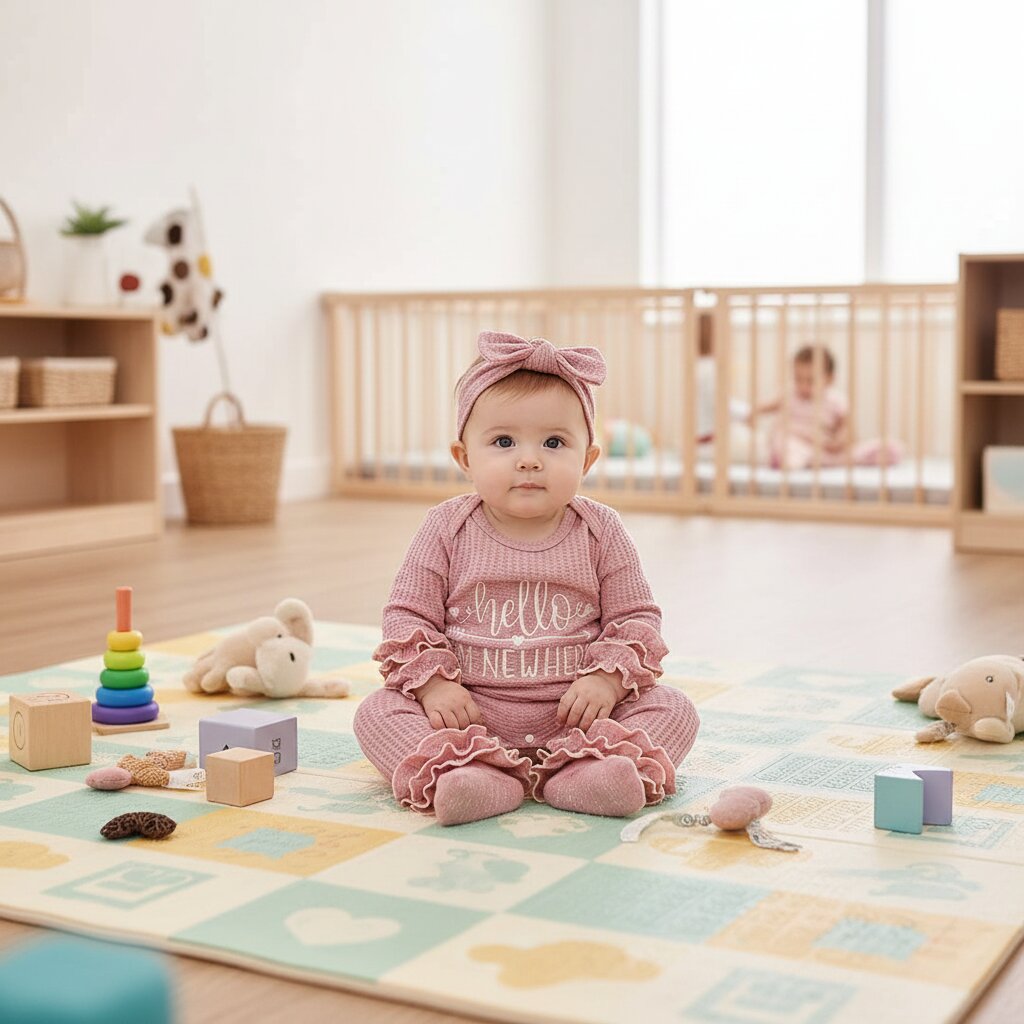 Bébé fille en barboteuse waffle knit rose pour son premier jour à la crèche – tenue pratique avec pressions et volants protecteurs | Choupinoo