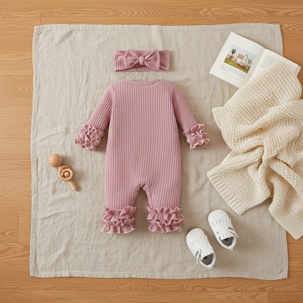 Barboteuse bébé fille waffle knit rose vue de dos et bandeau nœud en flat lay sur lin et parquet chêne – détail volants et texture waffle | Choupinoo