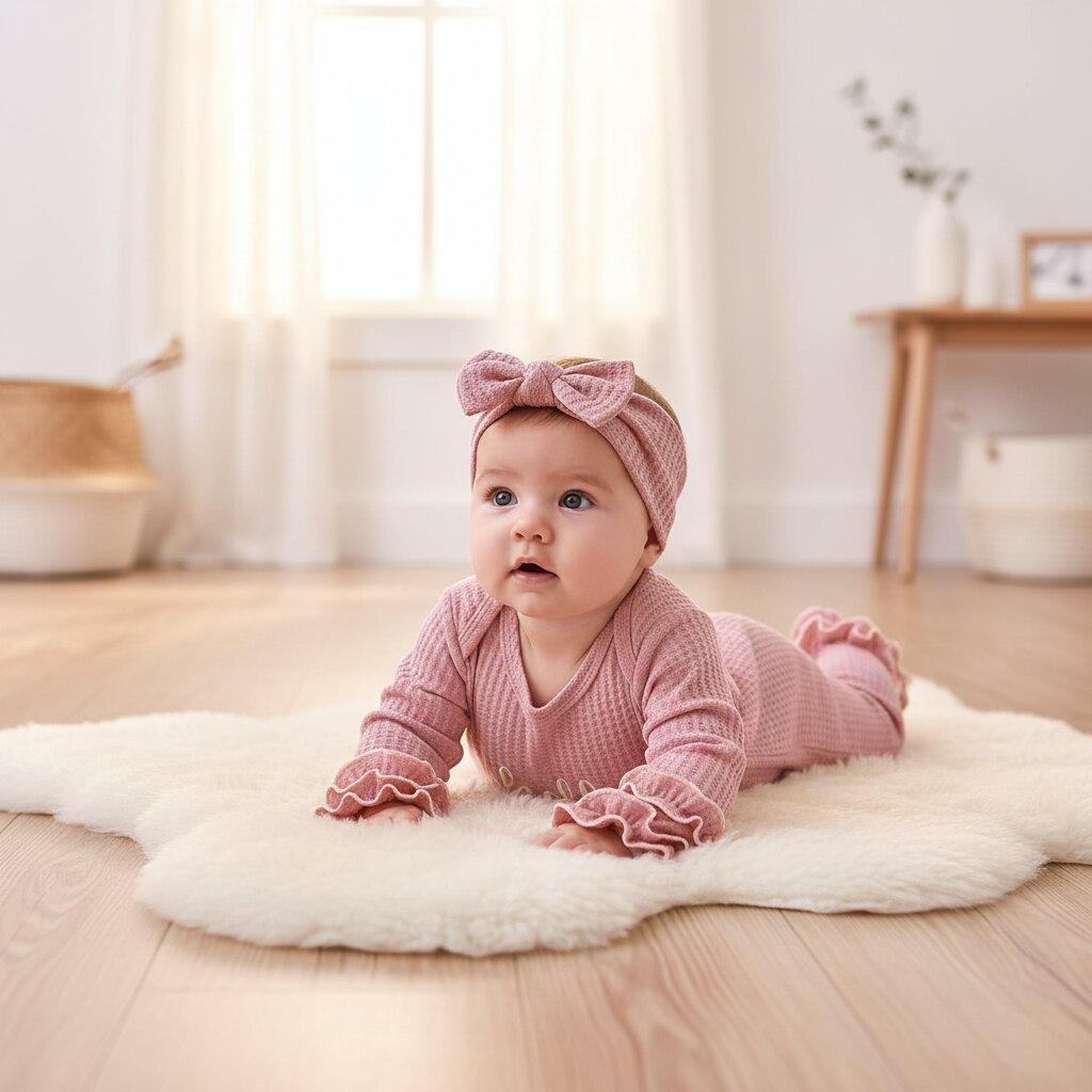 Bébé fille en barboteuse waffle knit rose sur tapis peau de mouton dans un intérieur scandinave lumineux – douceur et chaleur garanties | Choupinoo