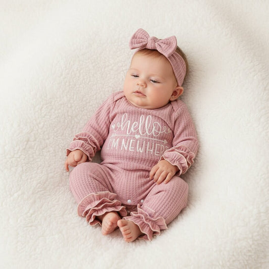 Barboteuse Bébé Fille Waffle Knit + Bandeau – Sortie Maternité