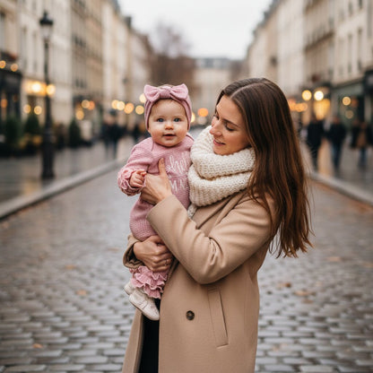 Maman portant son bébé en barboteuse waffle knit rose lors d'une sortie en ville par temps frais – chaude et stylée sans effort | Choupinoo