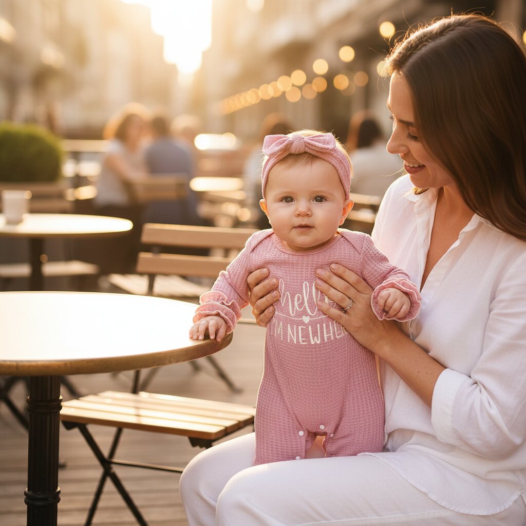 Bébé fille en barboteuse waffle knit rose sur une terrasse de café en lumière dorée – la tenue parfaite pour les sorties vacances