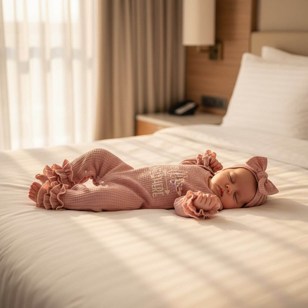 Bébé fille en barboteuse waffle knit rose en vacances dans une chambre d'hôtel – stylée et confortable pour les sorties en famille | Choupinoo
