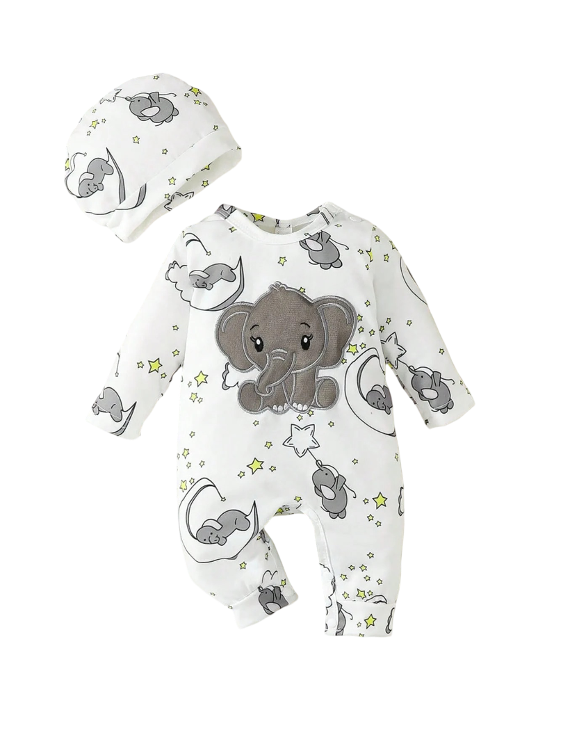 barboteuse bbébé brodée au motif éléphant avec chapeau assorti