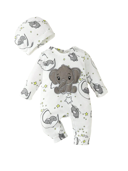 barboteuse bbébé brodée au motif éléphant avec chapeau assorti