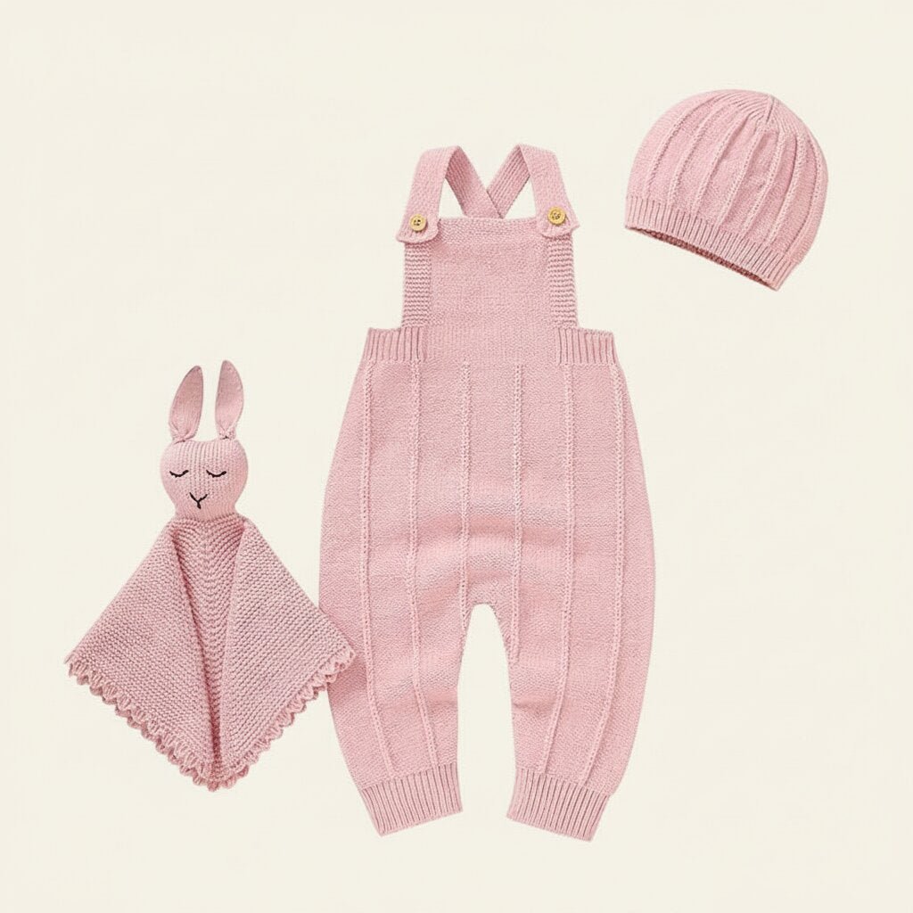 Barboteuse Tricotée & Doudou Lapin — Ensemble Bébé 3 Pièces | 0 - 18 Mois - Choupinoo