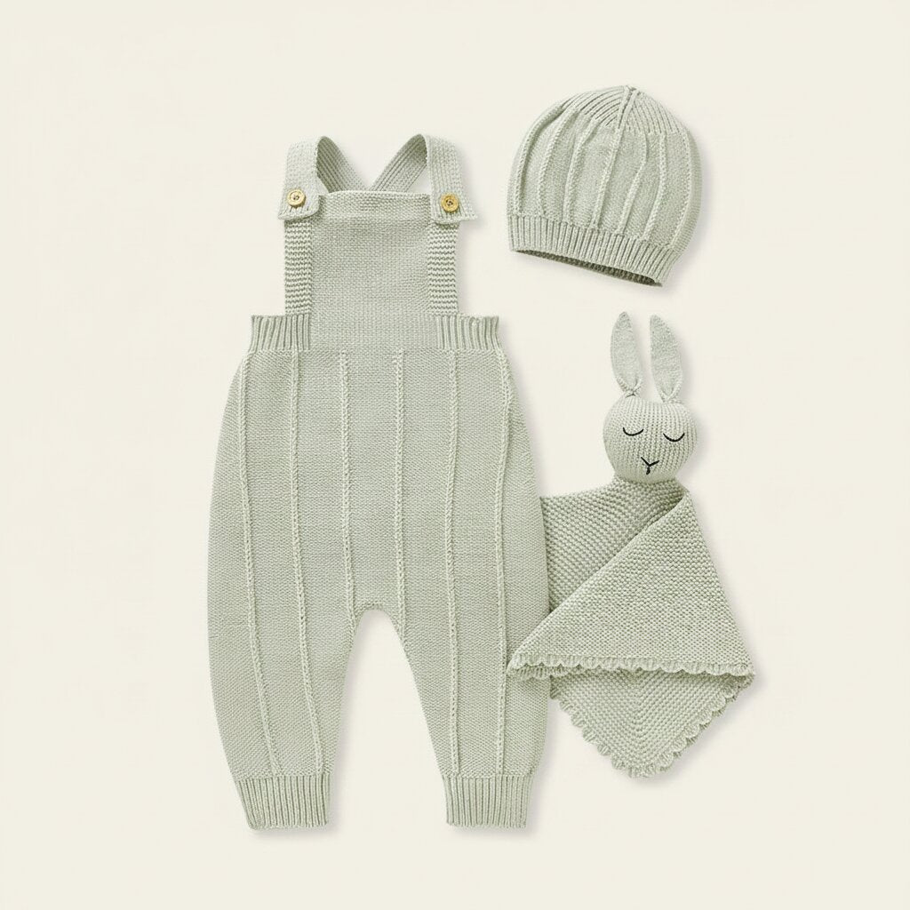 Barboteuse Tricotée & Doudou Lapin — Ensemble Bébé 3 Pièces | 0 - 18 Mois - Choupinoo