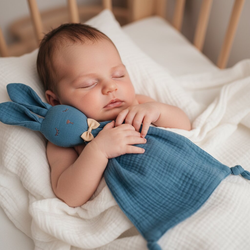 Bébé nouveau-né endormi tenant dans ses mains son doudou lapin bleu pétrole en double gaze de coton — doudou mouchoir avec tête de lapin brodée et nœud papillon doré, 4 coins noués visibles — Choupinoo
