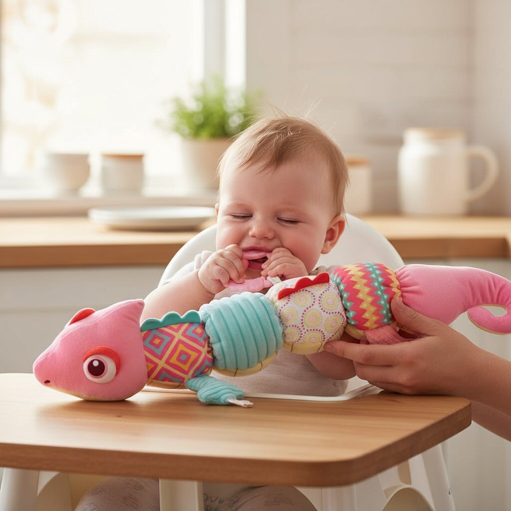bébé assis qui appuie fermement l'anneau du doudou caméléon rose contre ses gencives douloureuses, parent en soutien