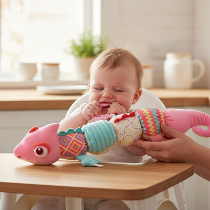 bébé assis qui appuie fermement l'anneau du doudou caméléon rose contre ses gencives douloureuses, parent en soutien