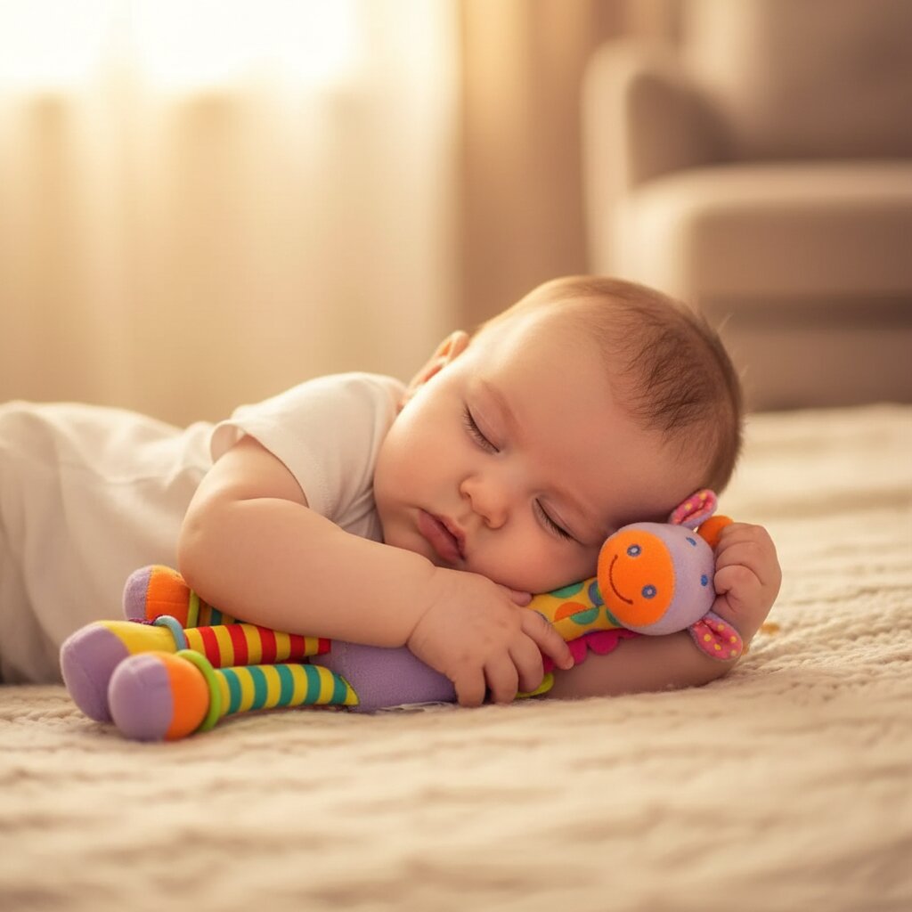 bébé endormi qui serre le doudou girafe contre sa joue