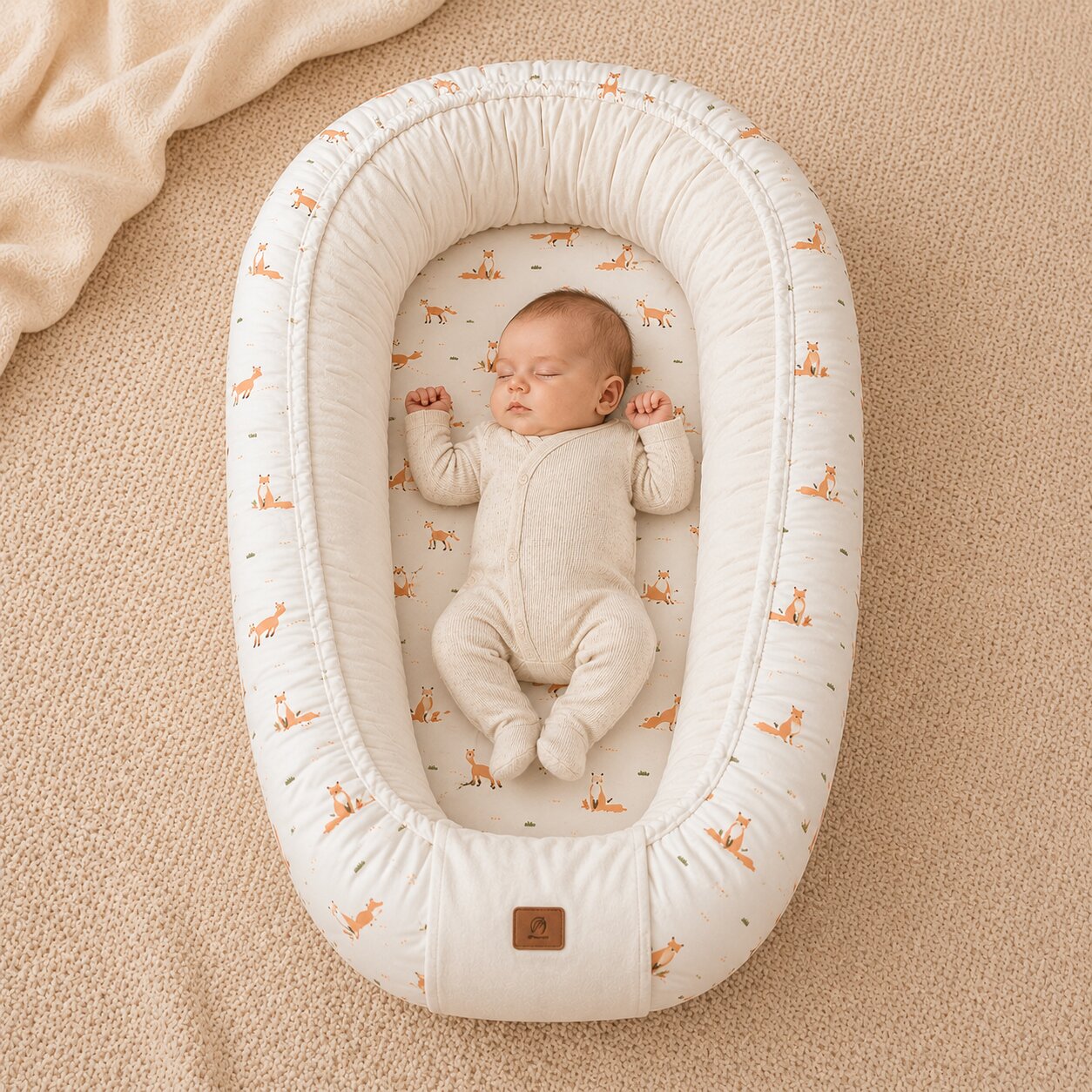 Bebe endormi dans reducteur de lit renard cocon vue de dessus - Choupinoo