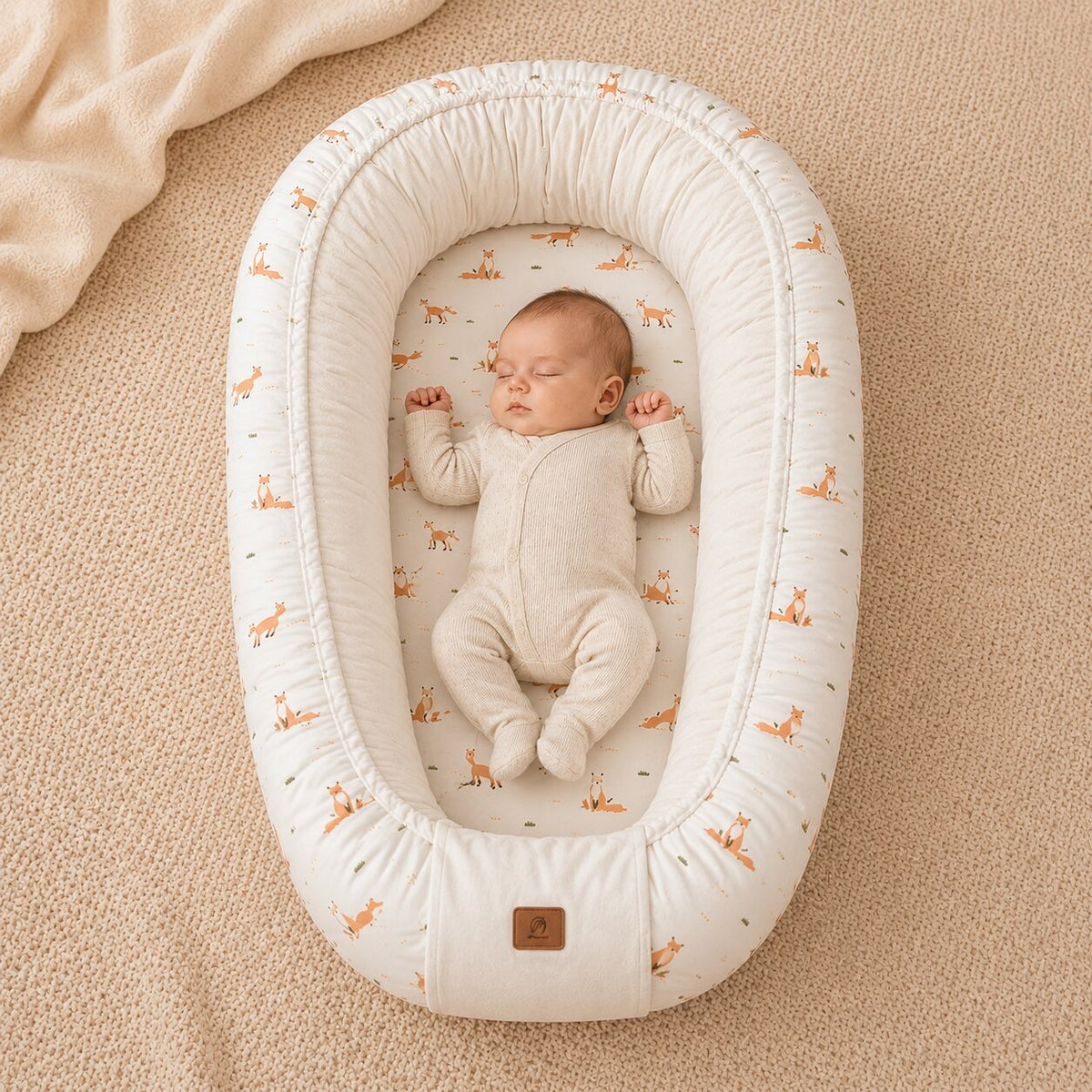 Bebe endormi dans reducteur de lit renard cocon vue de dessus - Choupinoo