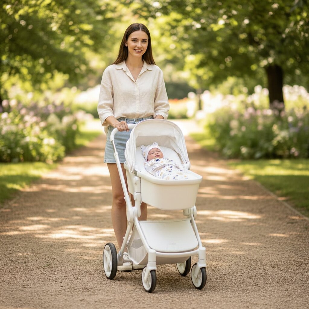 Bébé emmailloté dans une couverture motif espace installé en poussette lors d'une sortie avec sa maman

