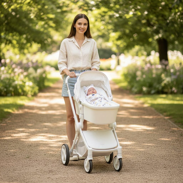Bébé emmailloté dans une couverture motif espace installé en poussette lors d'une sortie avec sa maman

