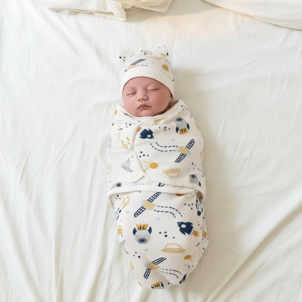 Nouveau-né emmailloté motif Zoo sur lit blanc – couverture emmaillotage bébé coton Choupinoo