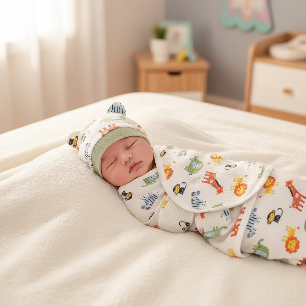 Bébé emmailloté motif Espace allongé sur lit blanc – sac emmaillotage nouveau-né Choupinoo