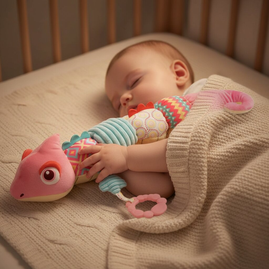 bébé qui s'endort avec le caméléon doudou peluche à ses côtés